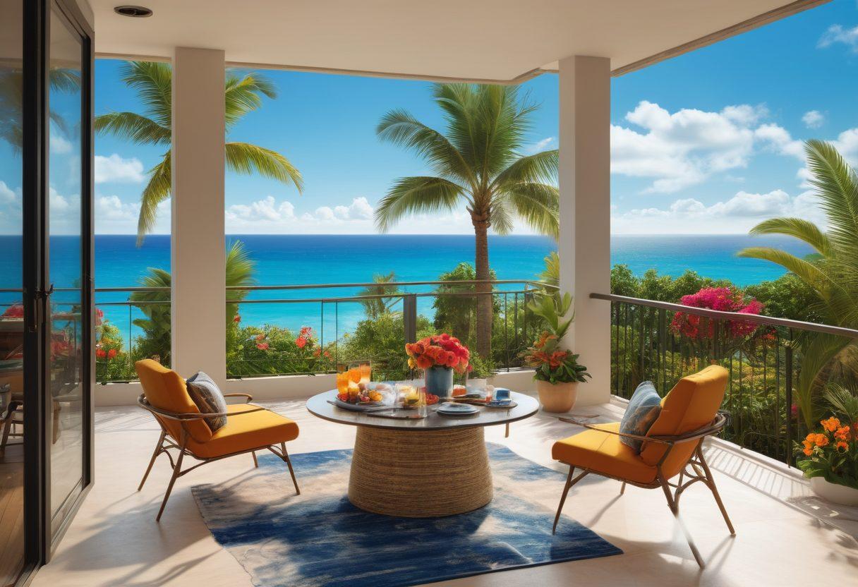 A picturesque beachside apartment with a luxurious balcony overlooking the ocean, surrounded by lush palm trees and vibrant flowers. A playful family is enjoying a barbeque, while another couple is relaxing with a glass of wine, capturing the essence of happiness and relaxation. Include a bright blue sky with soft clouds for a dreamy atmosphere. super-realistic. vibrant colors. cheerful mood.