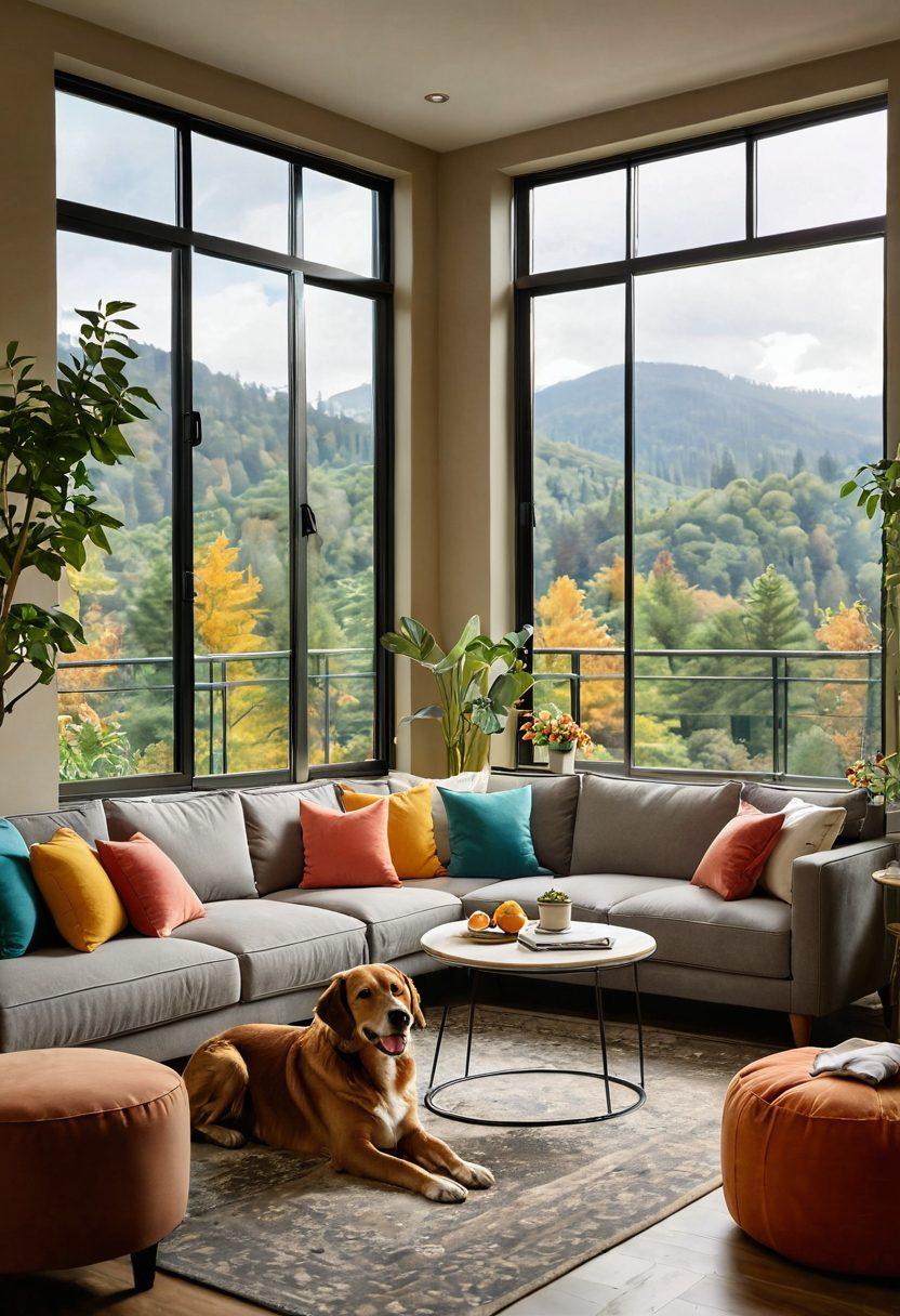 A cozy guest apartment interior featuring a warm living space with soft lighting, a comfortable sofa adorned with colorful pillows, and a pet bed beside it. A family enjoying time together, playing games, while a happy dog relaxes nearby. Large windows opening to a picturesque view of nature with greenery outside. Emphasize a welcoming environment that combines family warmth and pet-friendly vibes. super-realistic. vibrant colors. warm tones.