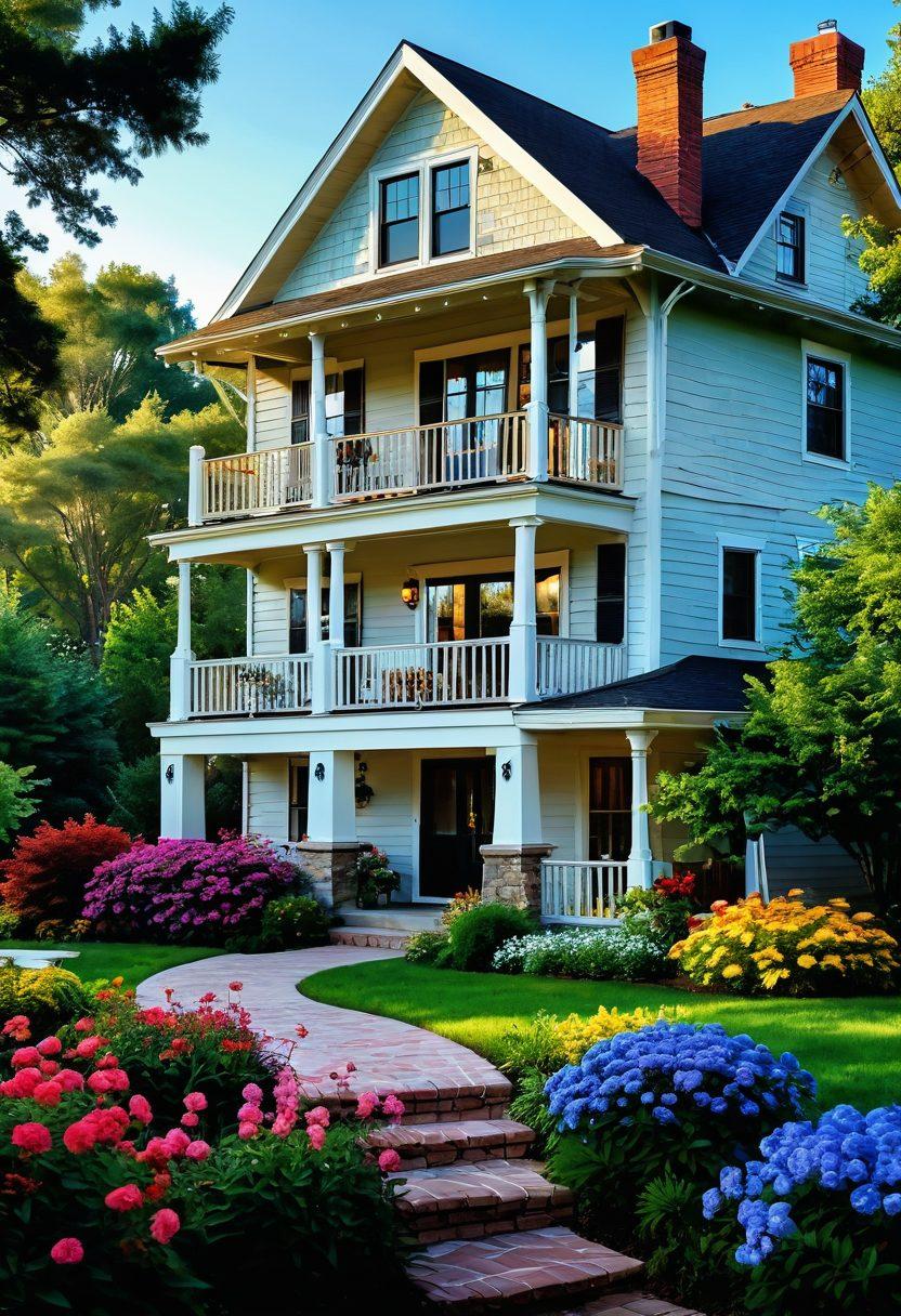 A warm and inviting scene depicting a cozy vacation rental with a welcoming front porch, adorned with colorful flowers and soft lighting. Show a glimpse of comfortable interiors through a window, with a fireplace and plush furniture. Add a family enjoying their time outdoors in a lush garden, surrounded by greenery and a clear blue sky. Capture the essence of affordable luxury and comfort. vibrant colors. super-realistic.